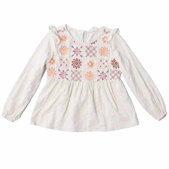 Boho Embroidered Peasant Blouse | Cream Floral Long Sleeve Bohemian Top - Picture 1 of 1